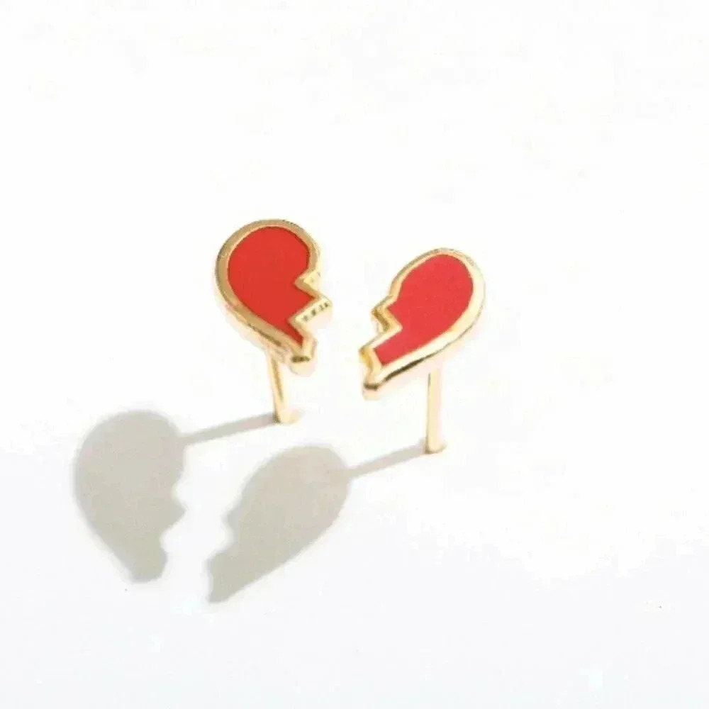Broken Heart Red/Gold Enamel Stud Earrings